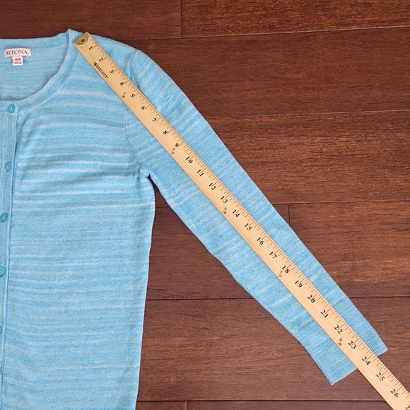 Merona Women's Size M Blue Striped 3/4 Sleeve Button-Up Cardigan Sweater - Picture 9 of 9